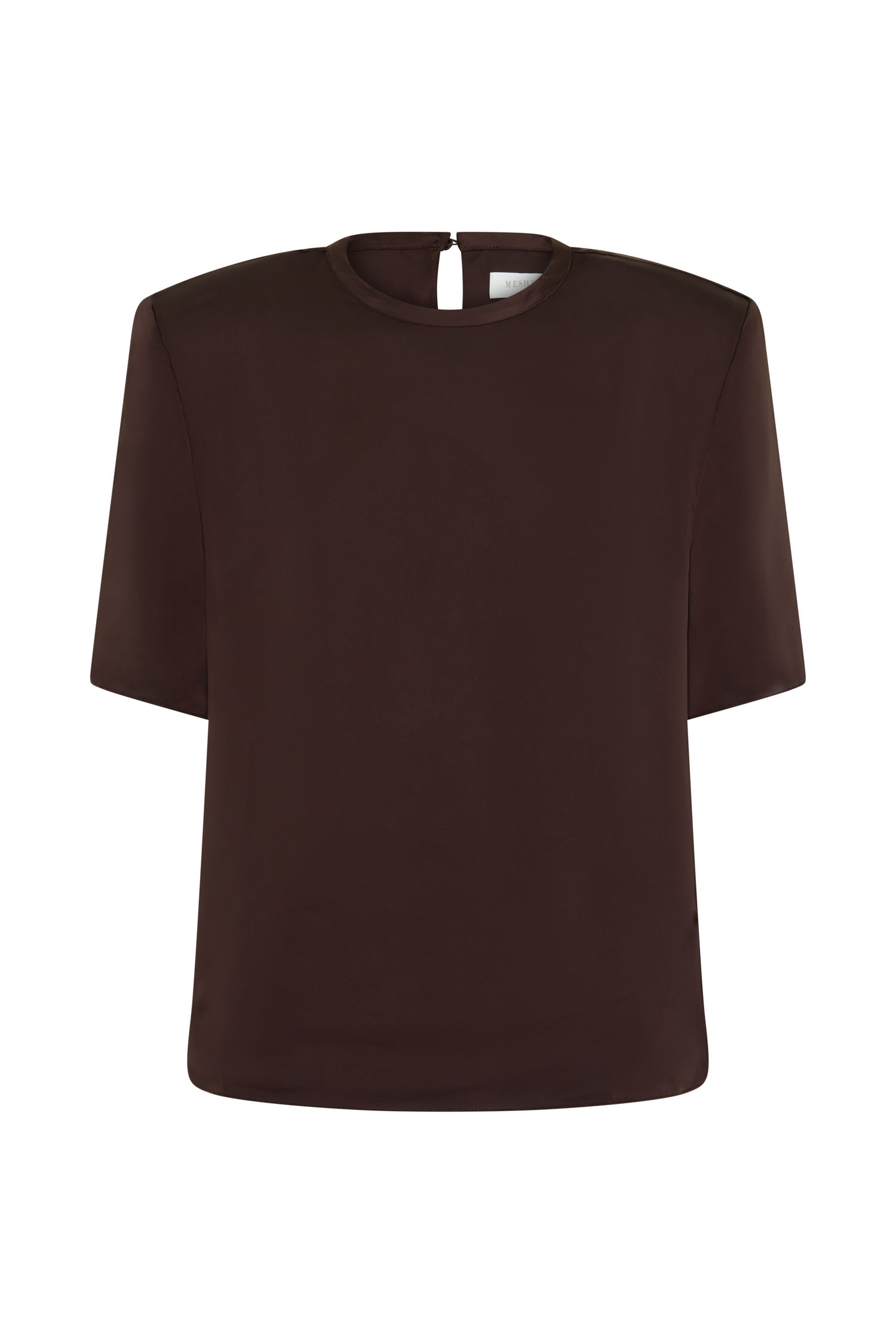 Harlyn Shoulder Pad Short Sleeve Satin Top - Dark Chocolate