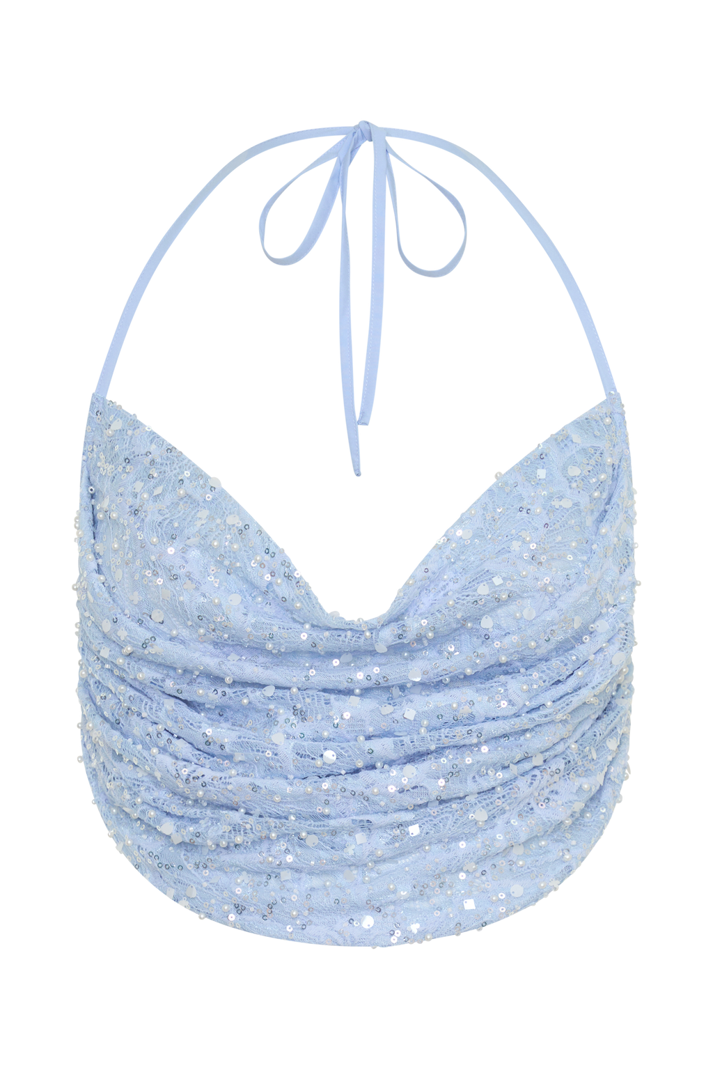 Kiara Pearl Beaded Cowl Crop Top - Powder Blue