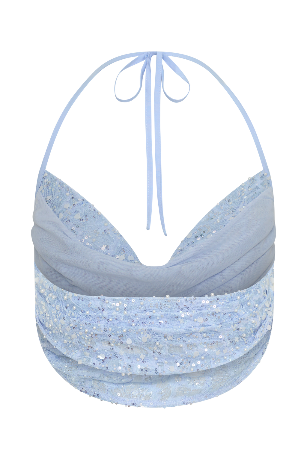 Kiara Pearl Beaded Cowl Crop Top - Powder Blue