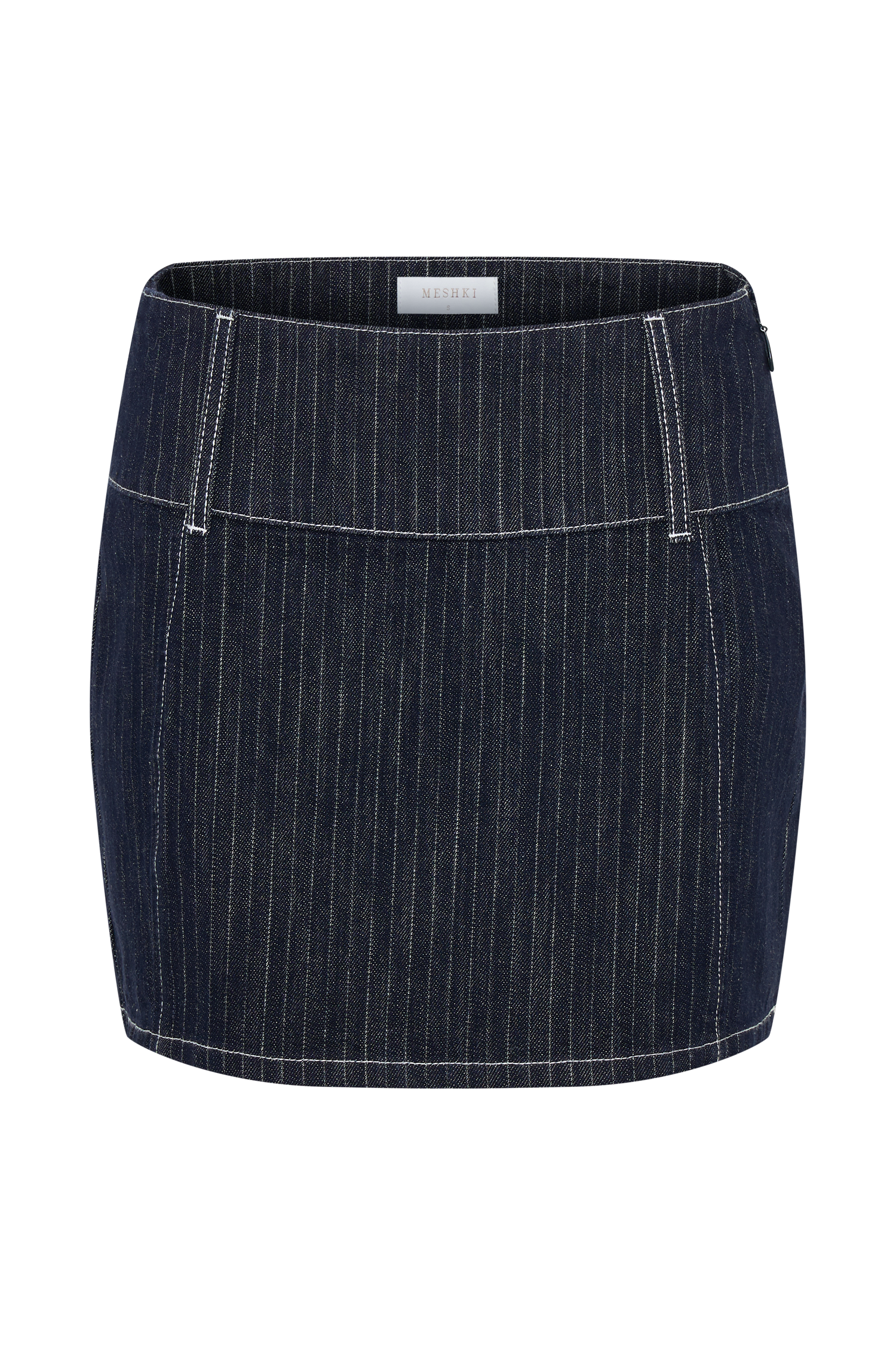 Loraine Mid Rise Denim Mini Skirt - Indigo Pinstripe