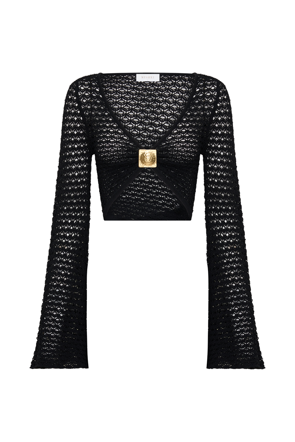 Mania Crochet Long Sleeve Cropped Top - Black
