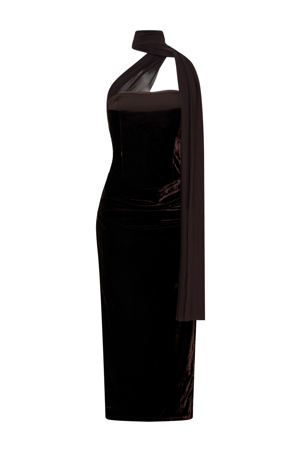 Mattea Velvet Midi Dress With Scarf - Chocolate