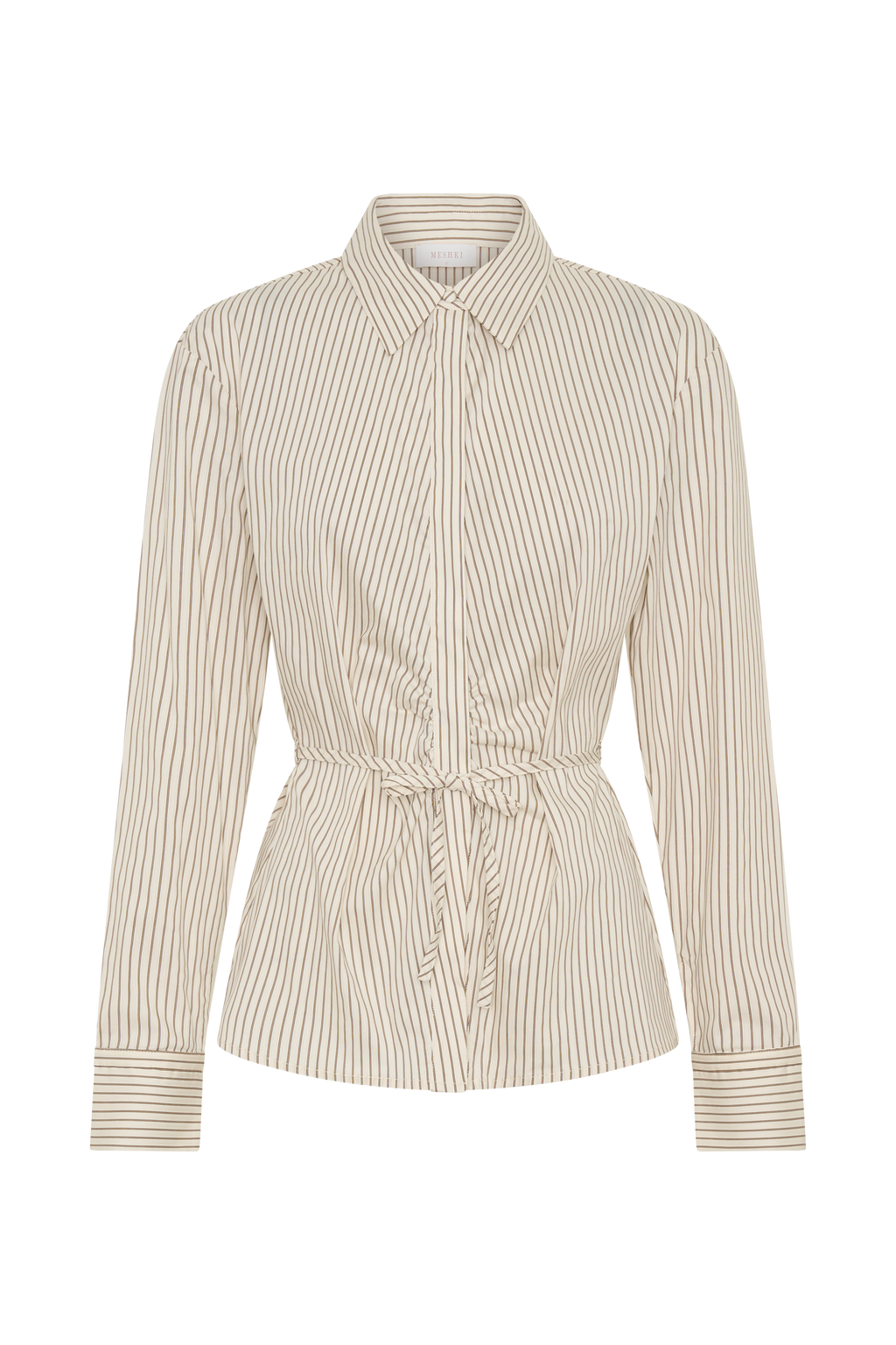 Millie Tie Back Cotton Shirt - Beige Pinstripe