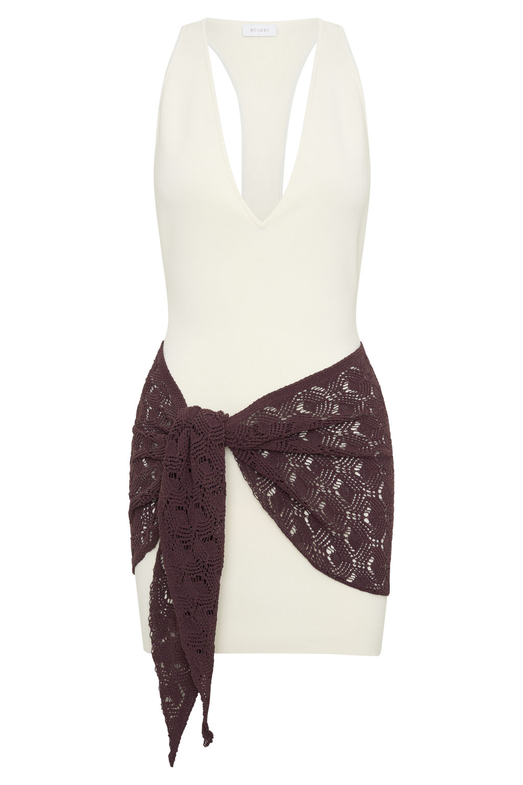 Mollie Mini Dress With Crochet Overlay - White/Chocolate