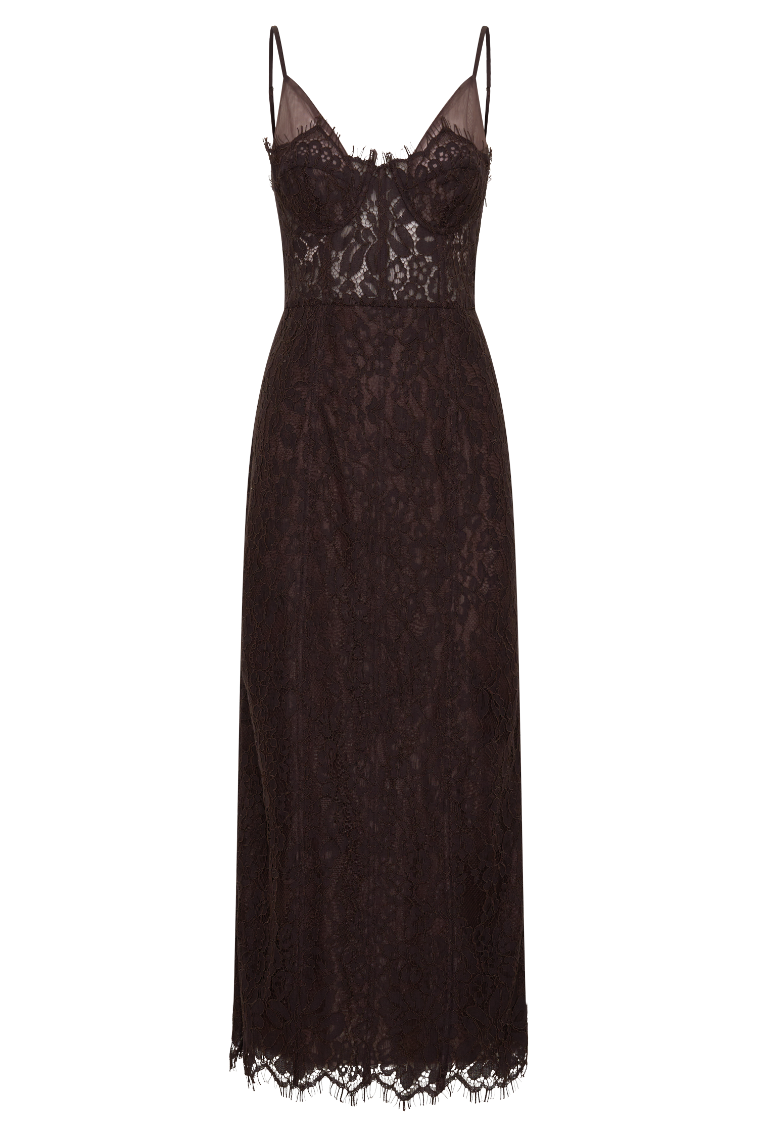Ottilie Lace And Mesh Midi Dress - Dark Chocolate