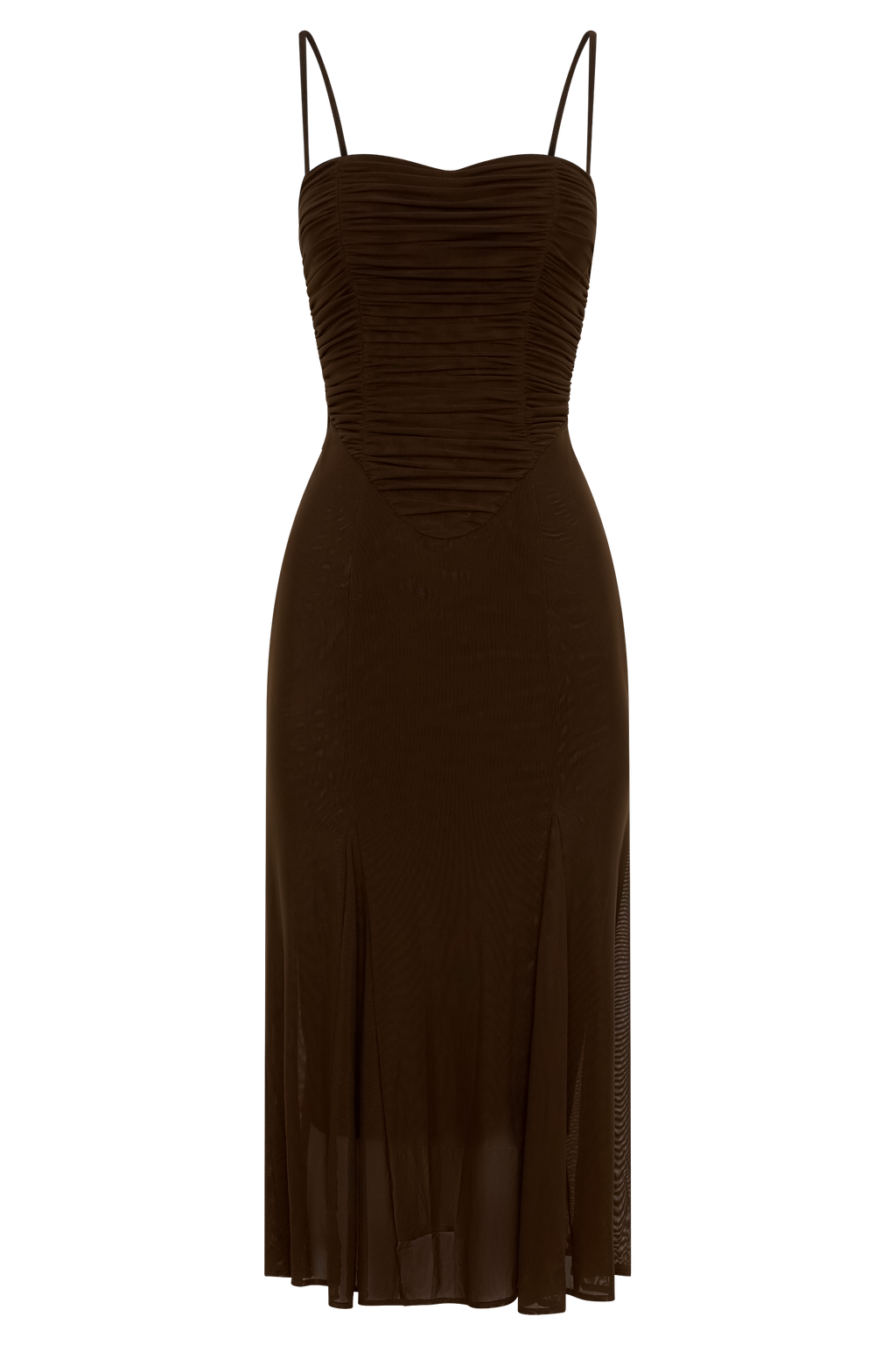 Willa Gathered Mesh Midi Dress - Chocolate