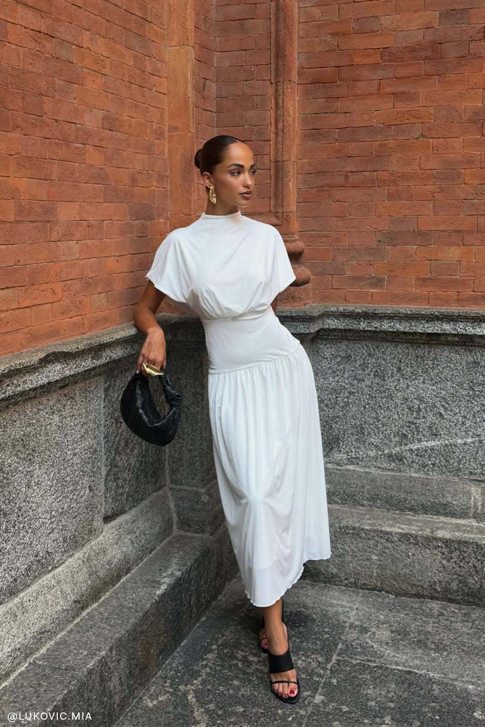Ailla High Neck Cowl Midi Dress - White