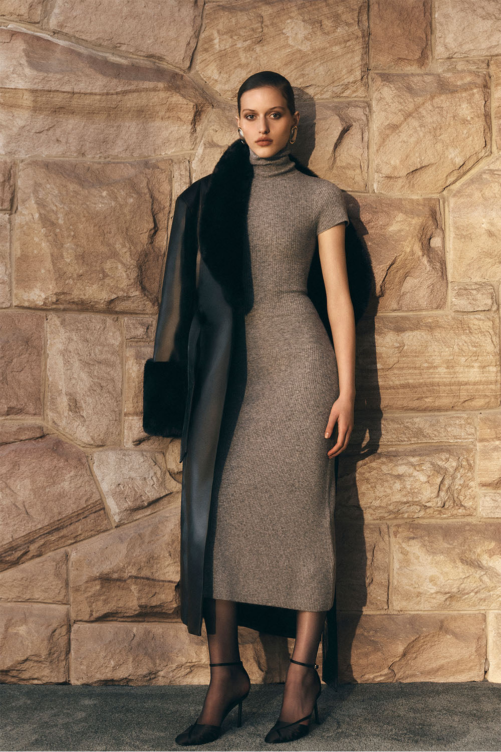 Goldie High Neck Knit Midi Dress - Grey Marle