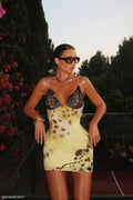 Angeline Lace And Chiffon Mini Dress - Yellow Floral Leopard Print