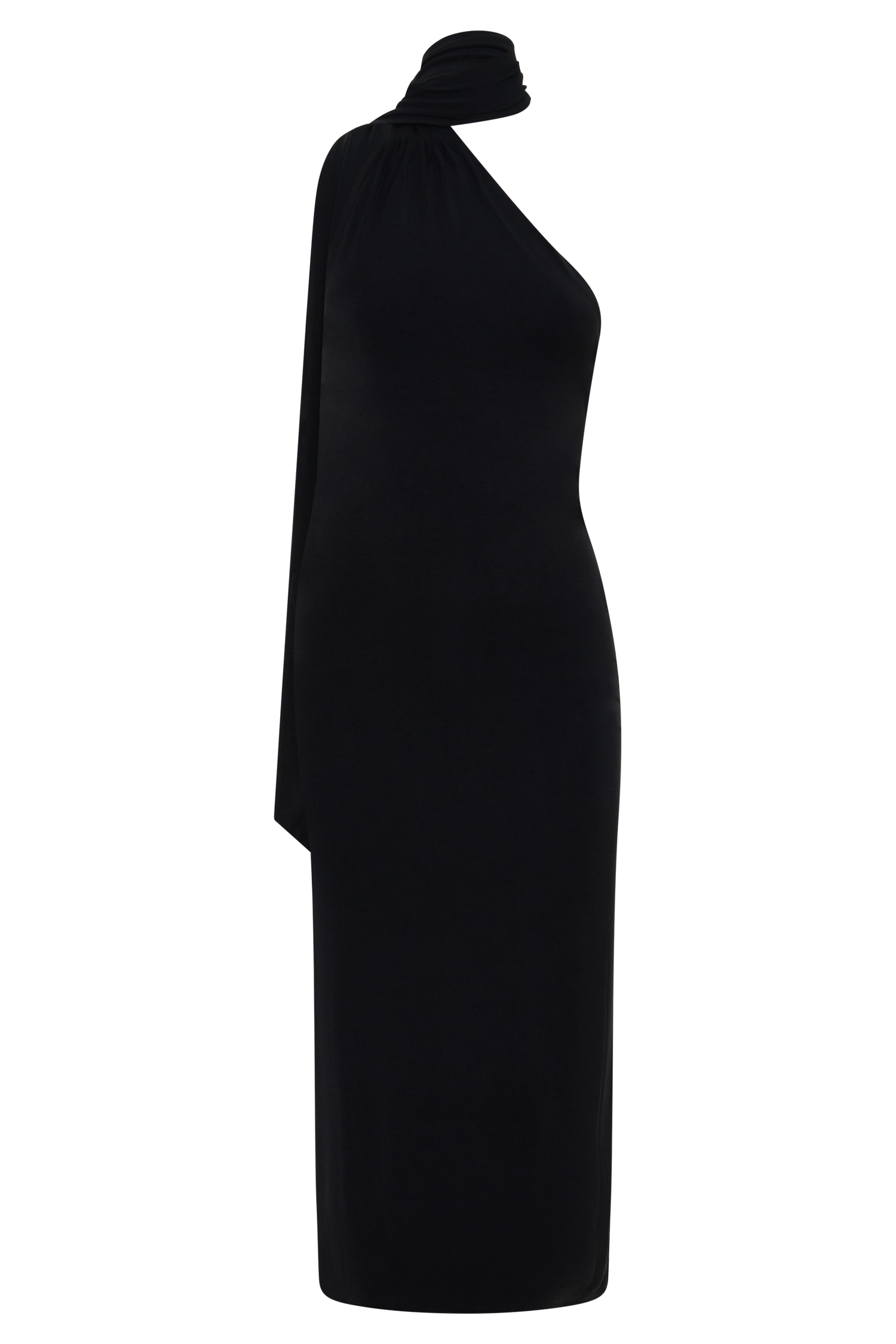 Jemma One Shoulder Tie Midi Dress - Black