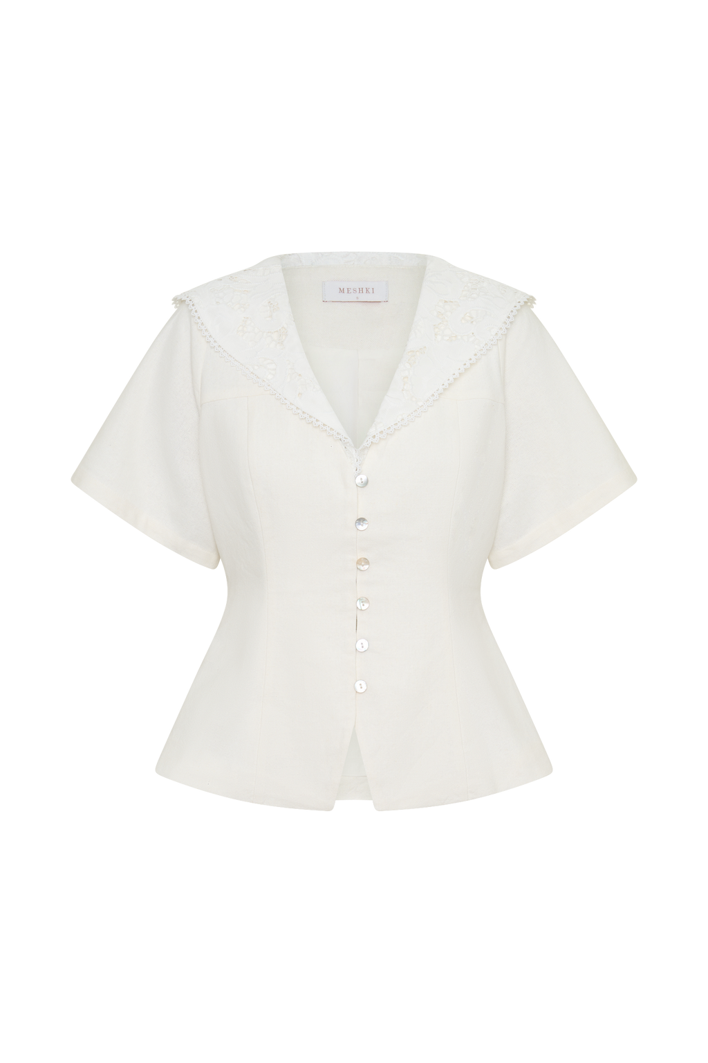 Melody Short Sleeve Shirt With Lace Collar - White