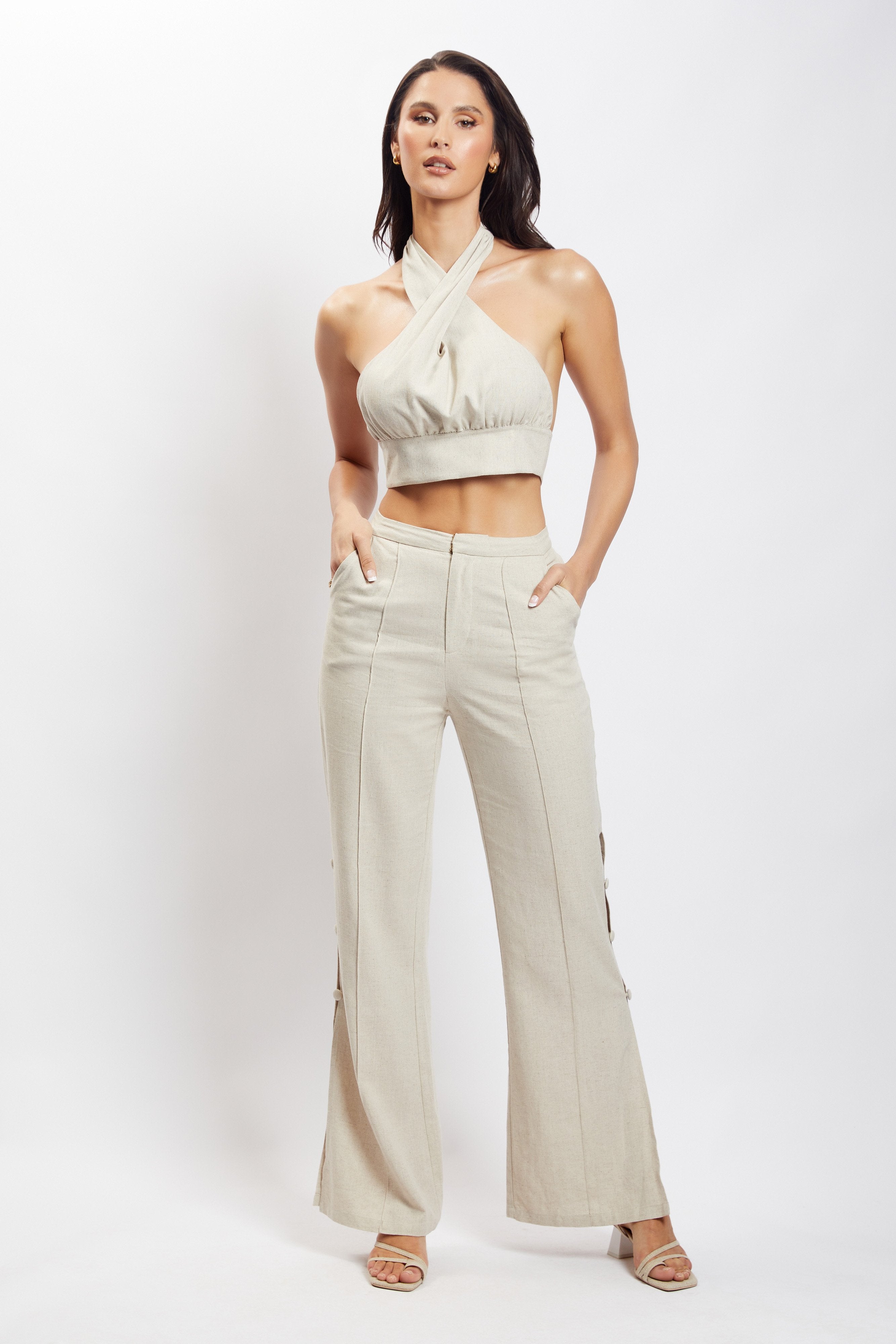 Lexi Linen Cut Out Side Pants - Natural