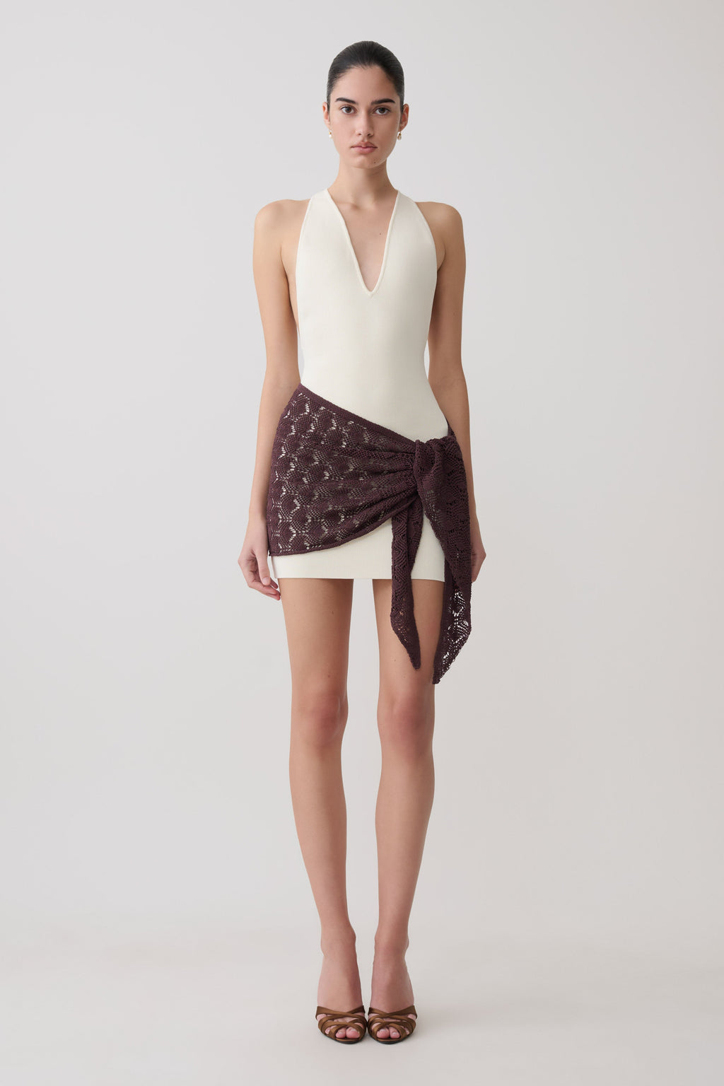 Mollie Mini Dress With Crochet Overlay - White/Chocolate