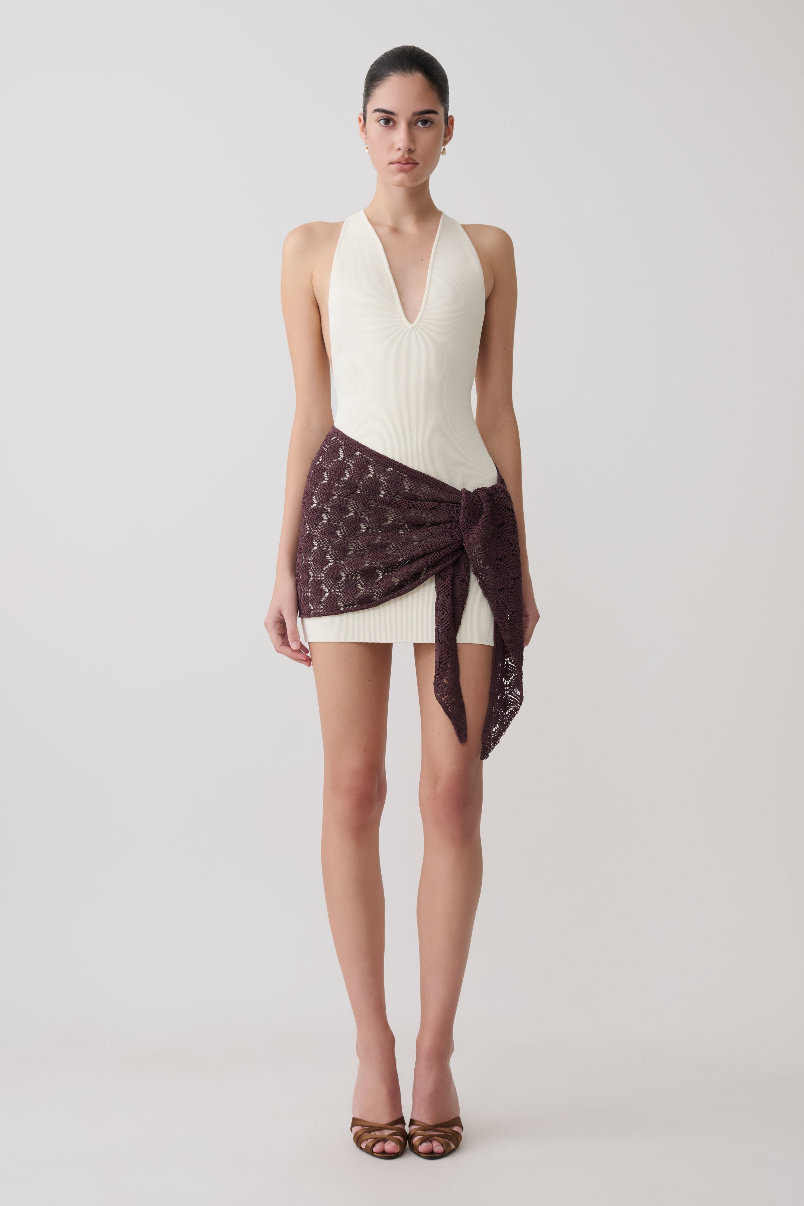 Mollie Mini Dress With Crochet Overlay - White/Chocolate