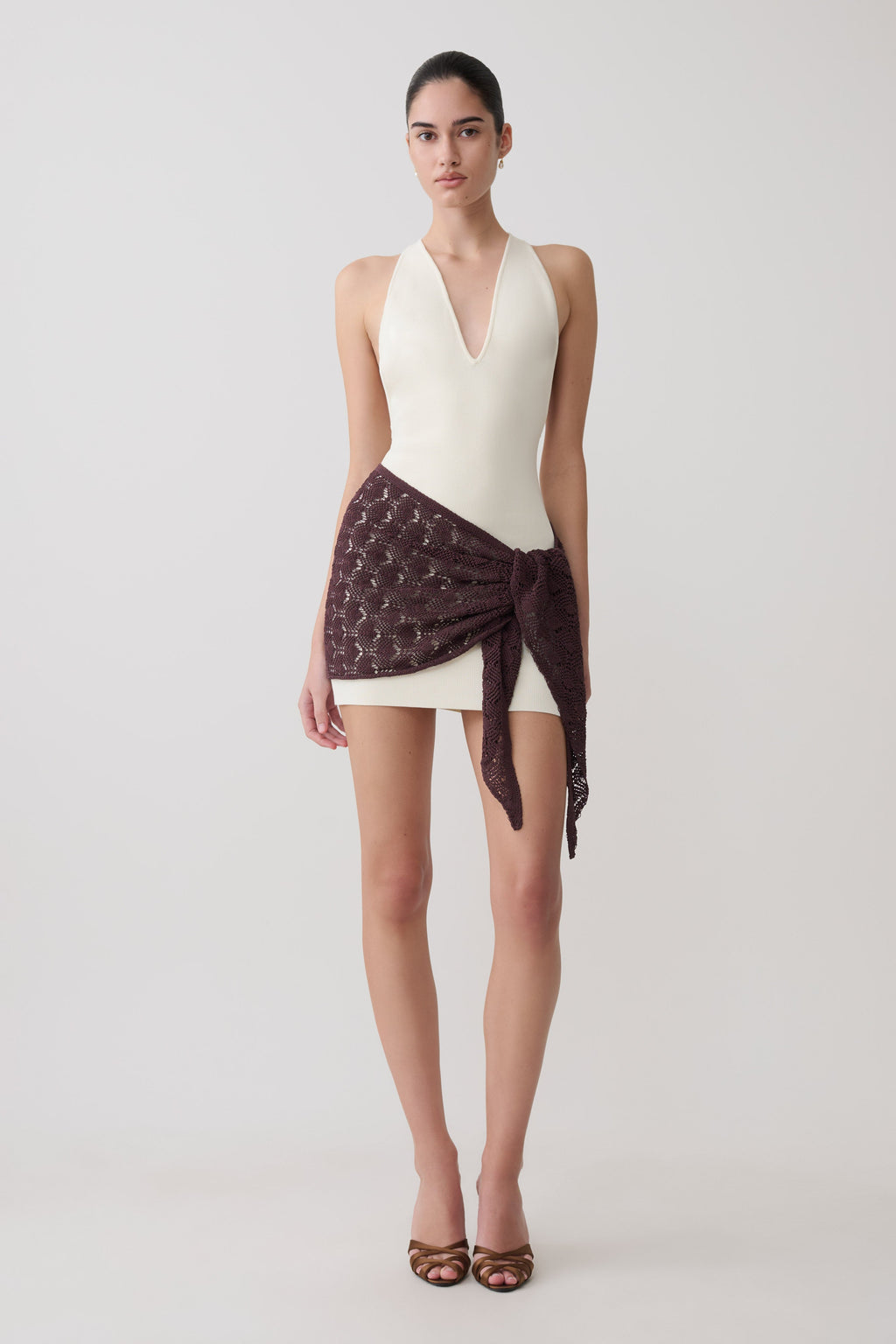 Mollie Mini Dress With Crochet Overlay - White/Chocolate