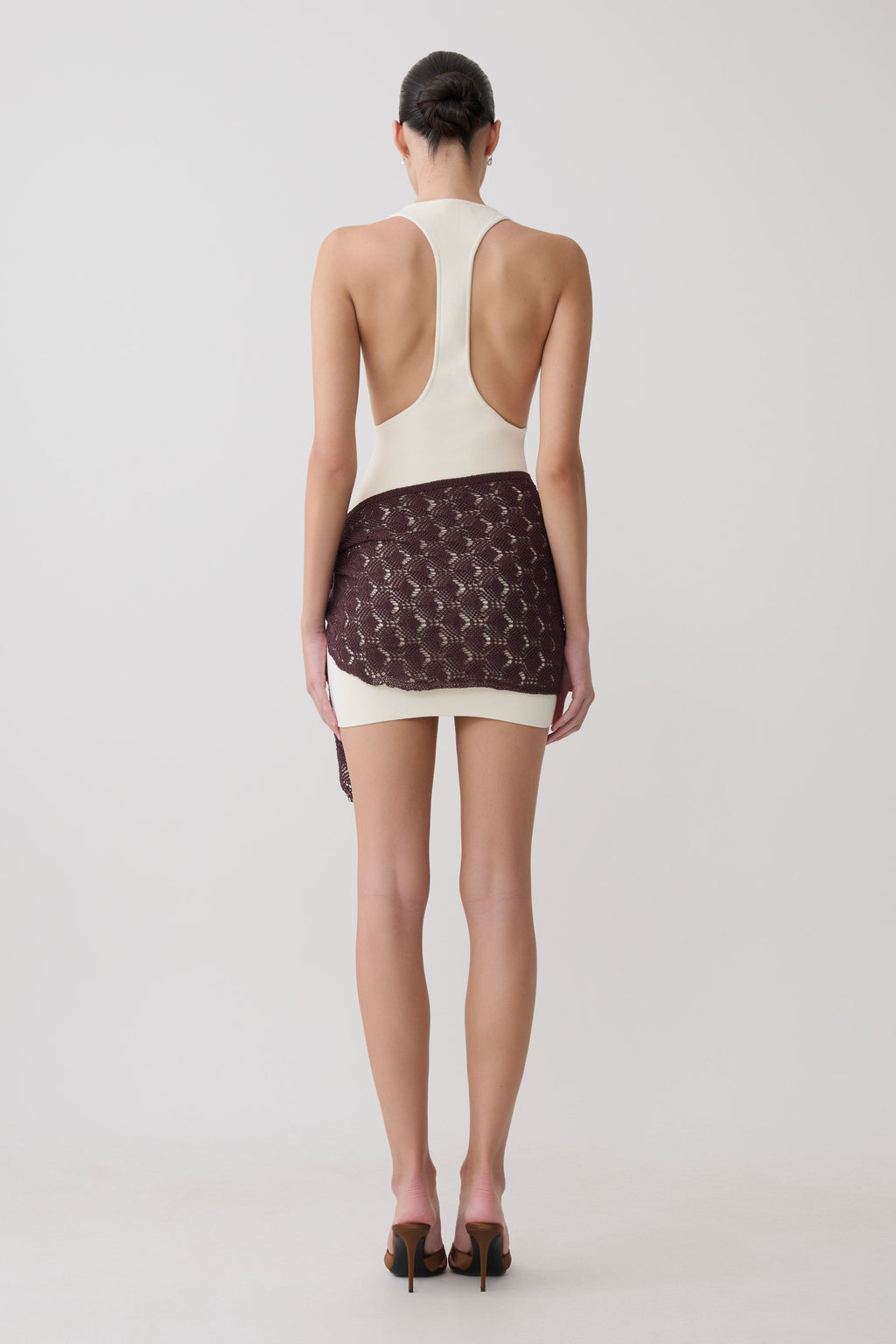 Mollie Mini Dress With Crochet Overlay - White/Chocolate