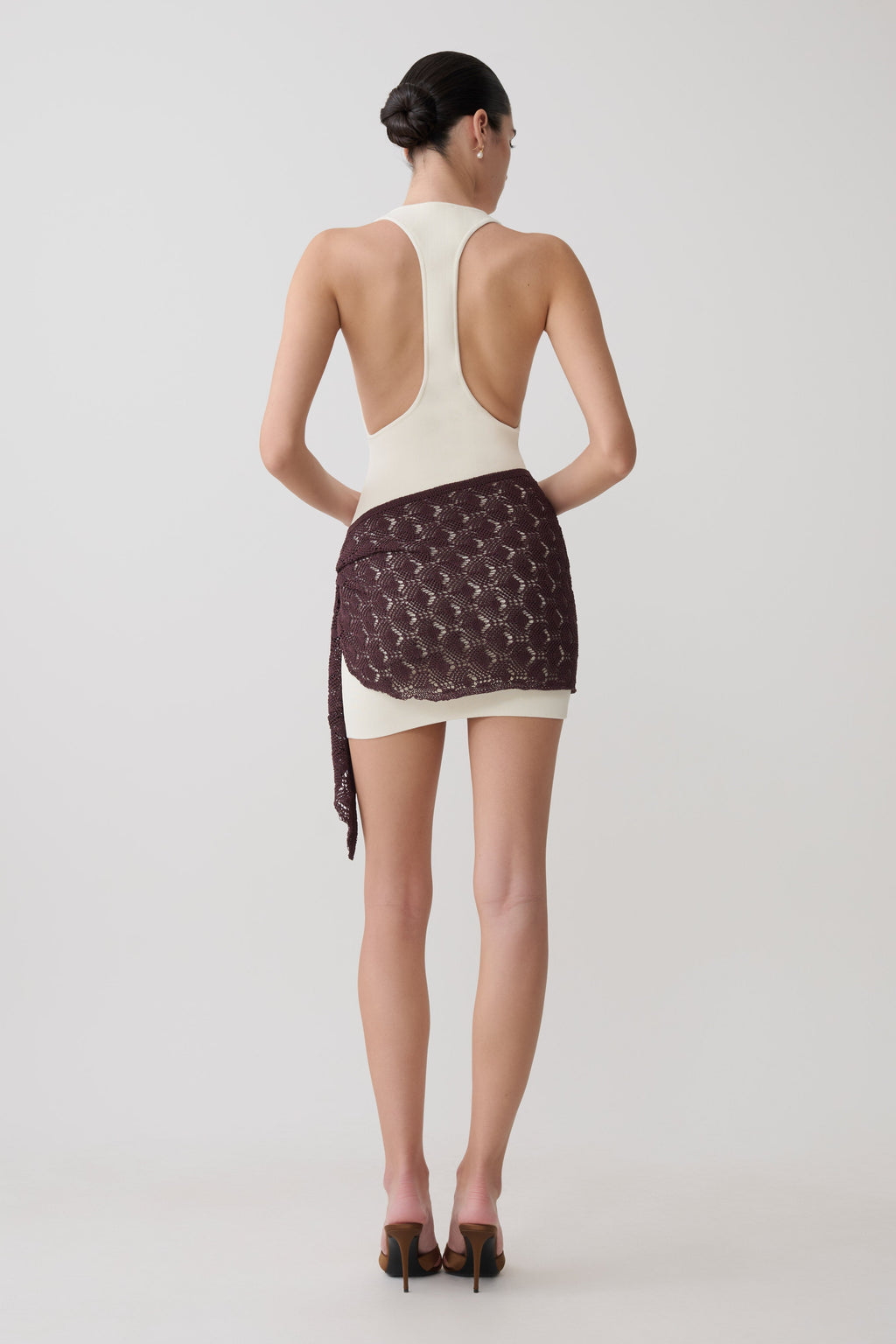 Mollie Mini Dress With Crochet Overlay - White/Chocolate