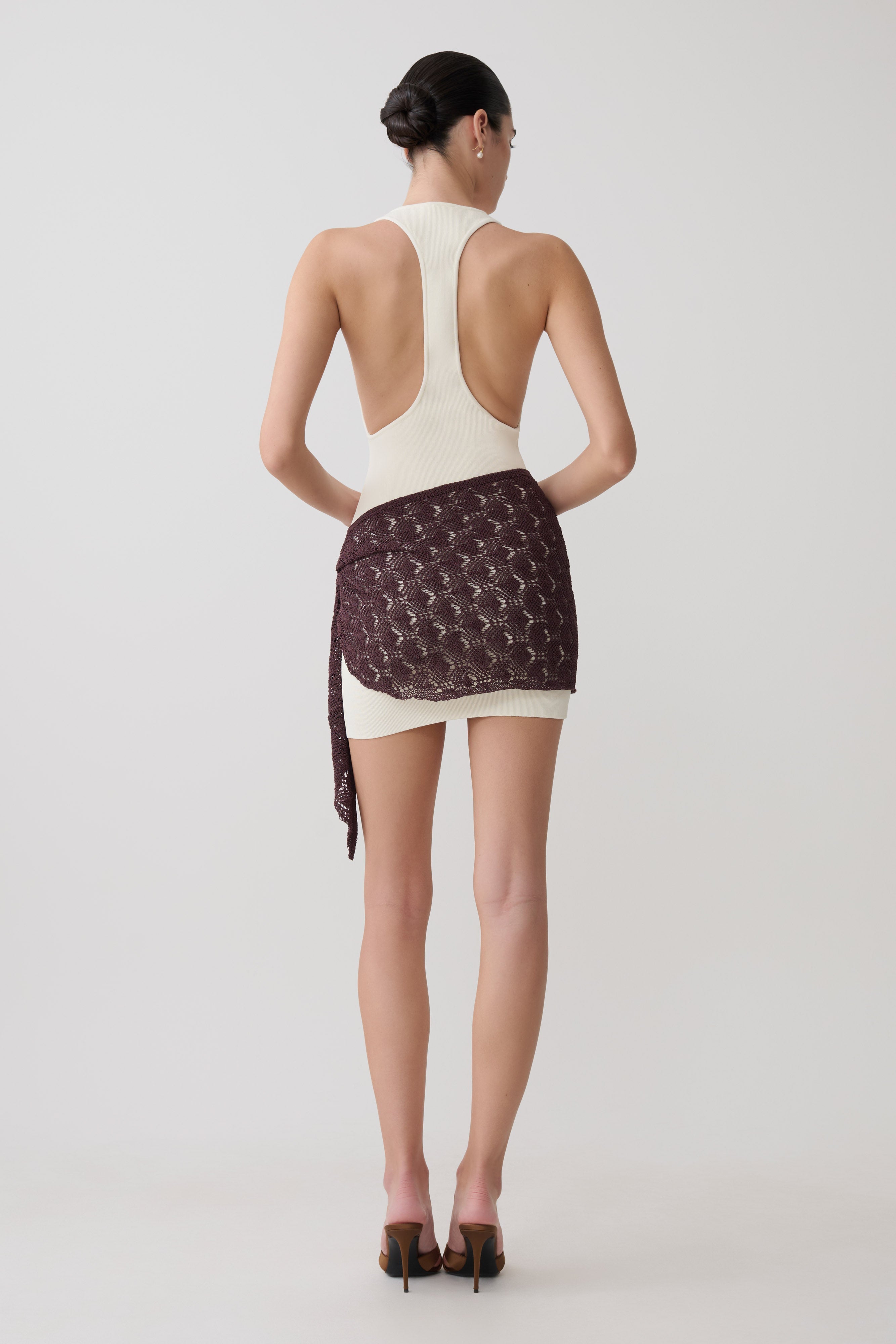 Mollie Mini Dress With Crochet Overlay - White/Chocolate