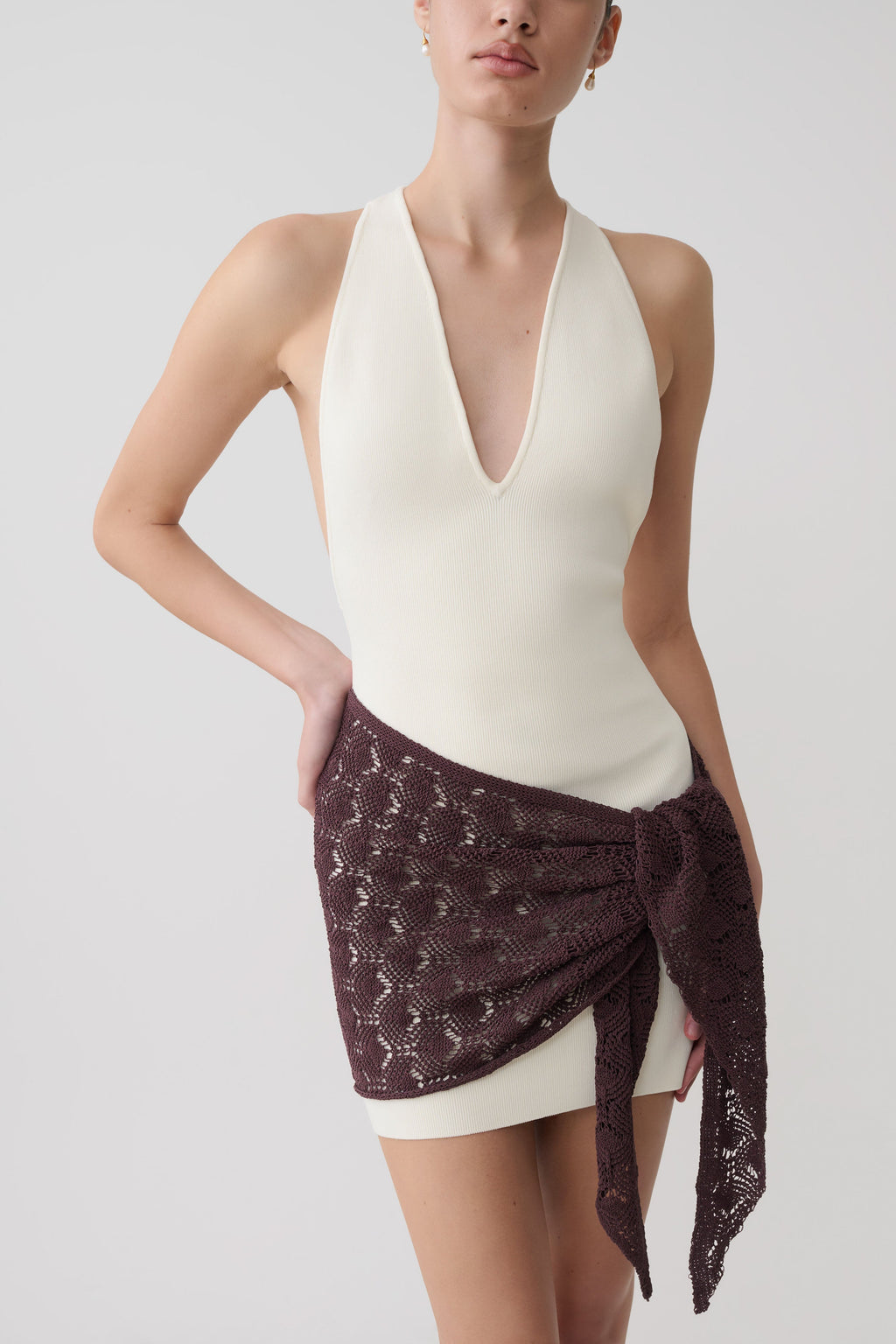 Mollie Mini Dress With Crochet Overlay - White/Chocolate