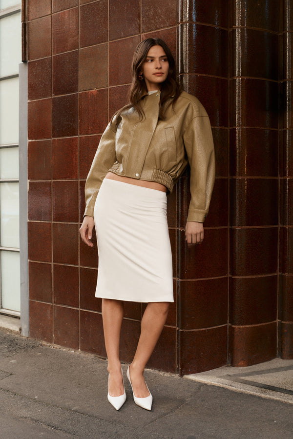 Paige Faux Leather Cropped Jacket - Beige